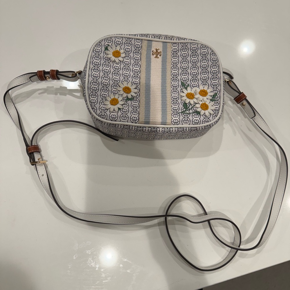 Tory Burch White Canvas Daisy-Embroidered Crossbody